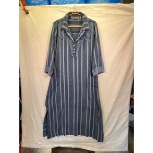 Soft Surroundings Embroidered 3/4 Sleeve Pockets Kaftan Dress Blue Striped Large
